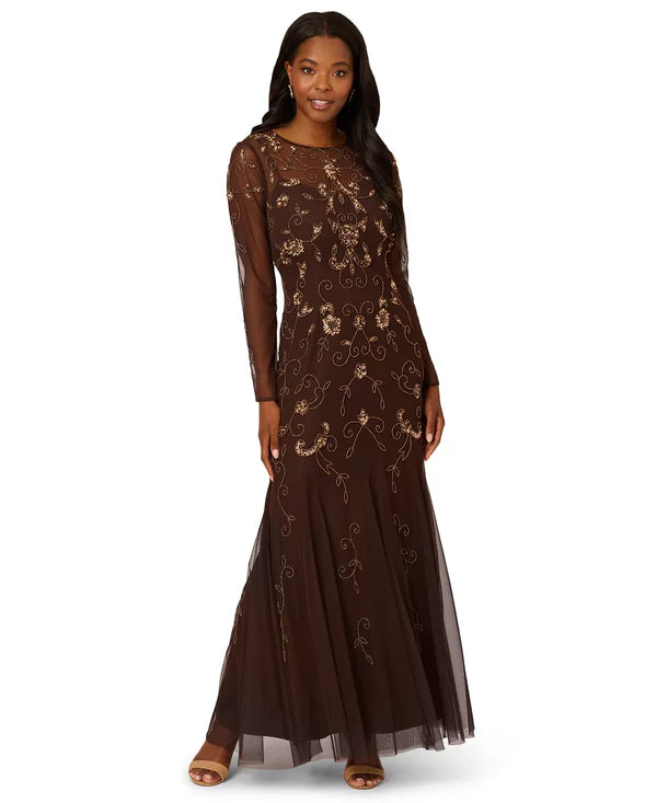 Brown Beaded Floral Mermaid Round Neck Long Sleeve Back Zipper Floor Length Formal Evening Prom Dress