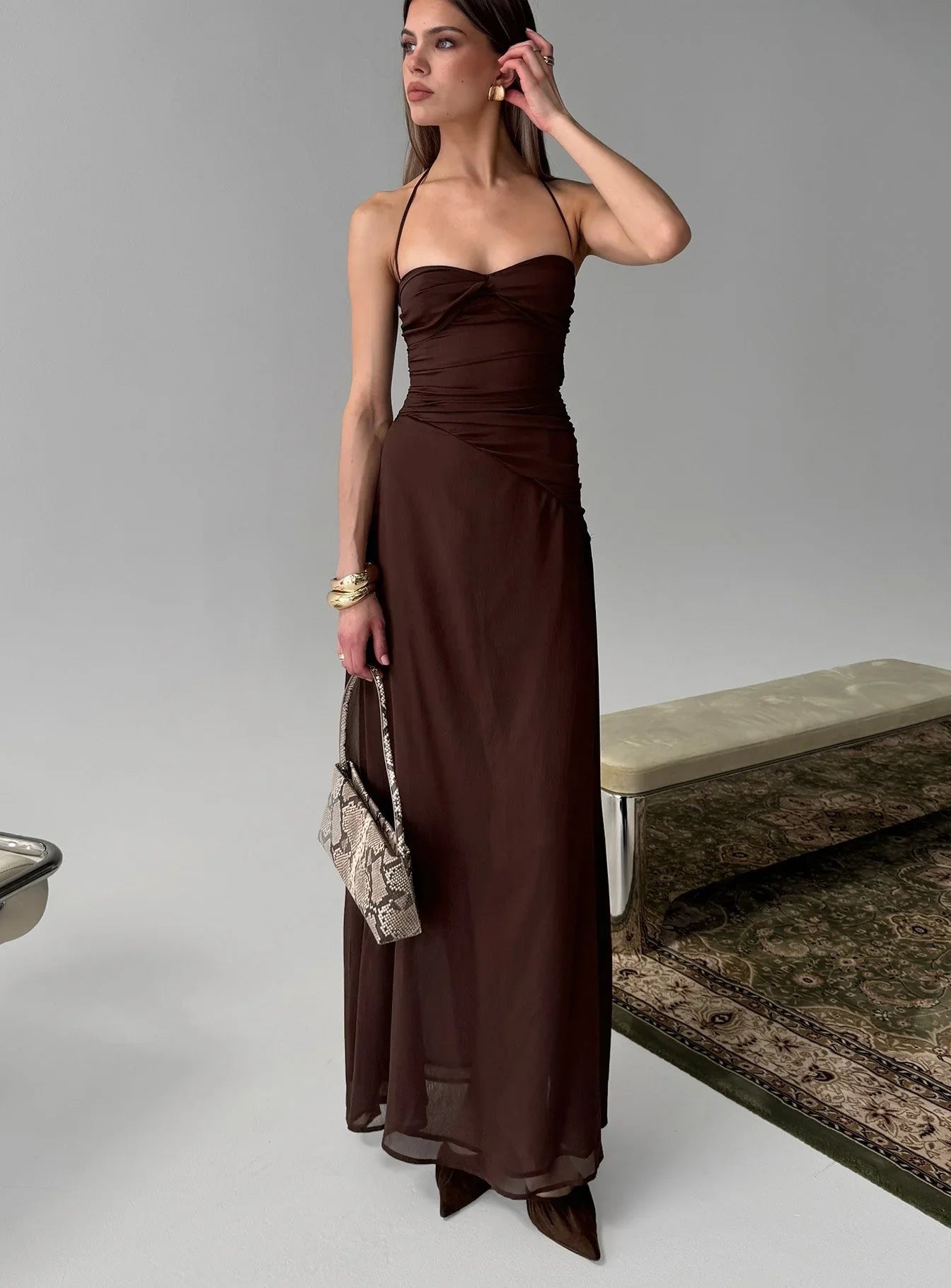 Brown Halter Prom Dress with Ruched Bodice and Chiffon Skirt for Formal Events and Prom Nights
