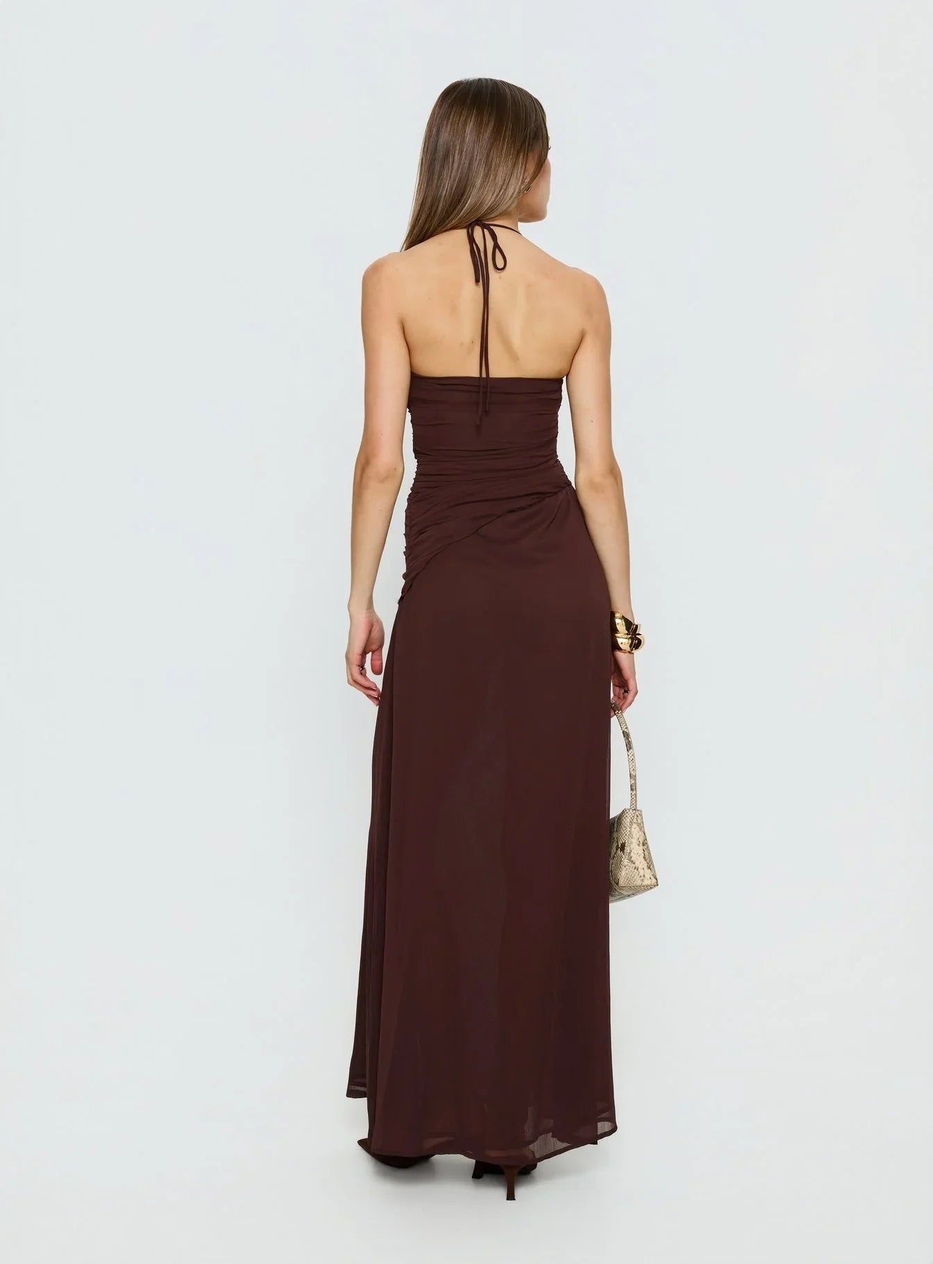 Brown Halter Prom Dress with Ruched Bodice and Chiffon Skirt for Formal Events and Prom Nights