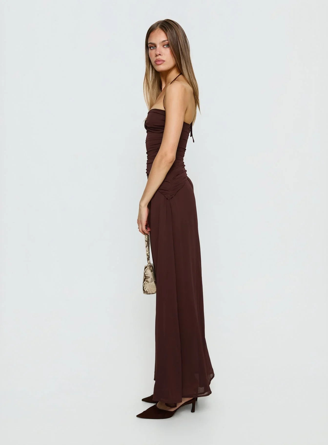 Brown Halter Prom Dress with Ruched Bodice and Chiffon Skirt for Formal Events and Prom Nights
