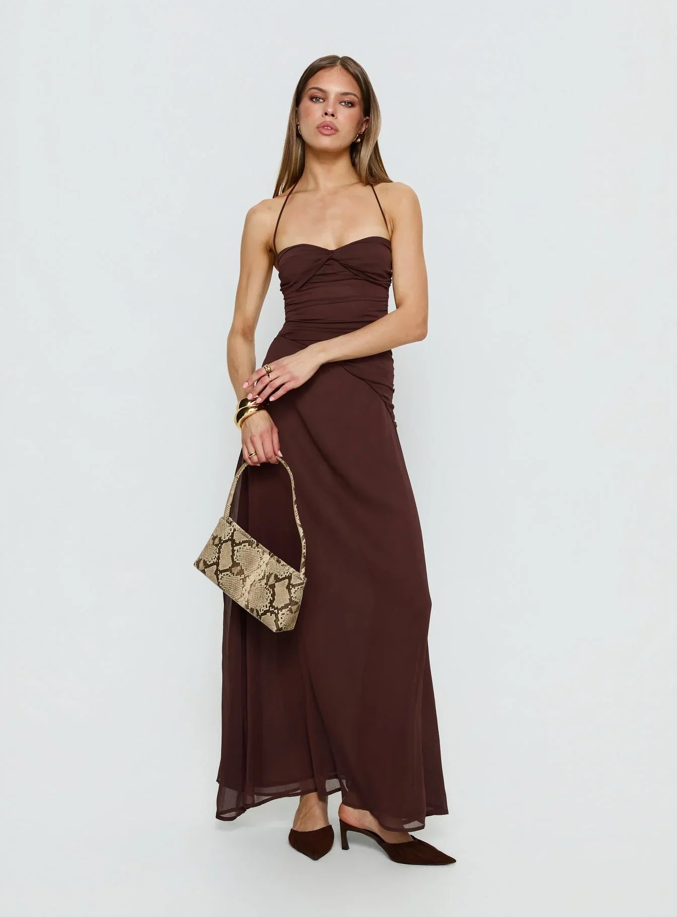 Brown Halter Prom Dress with Ruched Bodice and Chiffon Skirt for Formal Events and Prom Nights