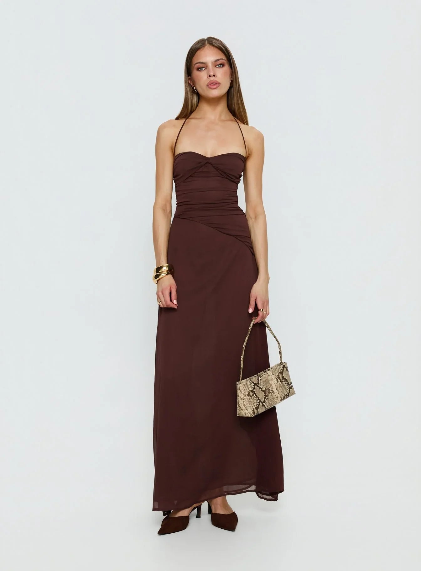 Brown Halter Prom Dress with Ruched Bodice and Chiffon Skirt for Formal Events and Prom Nights