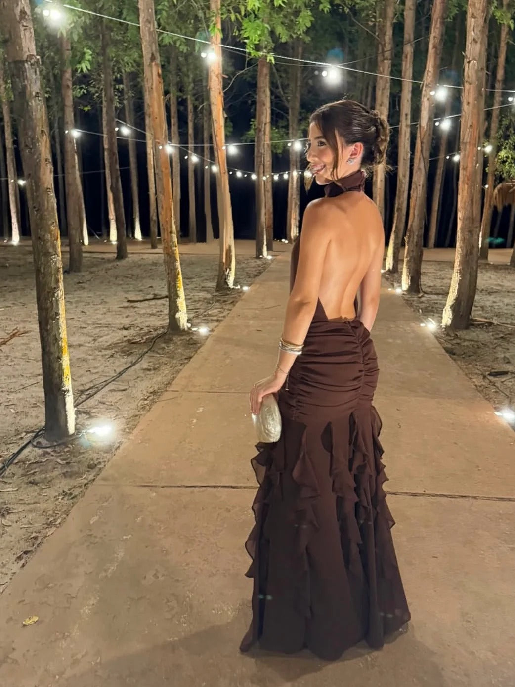 Brown High Neck Open Back Prom Dress With Ruffle Skirt Formal Prom Dress