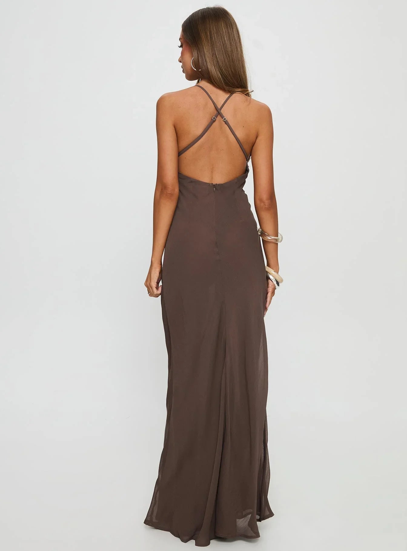 Brown Spaghetti Strap Prom Dress with Silver Sequin Detail and Criss Cross Back for Formal Events and Prom Nights