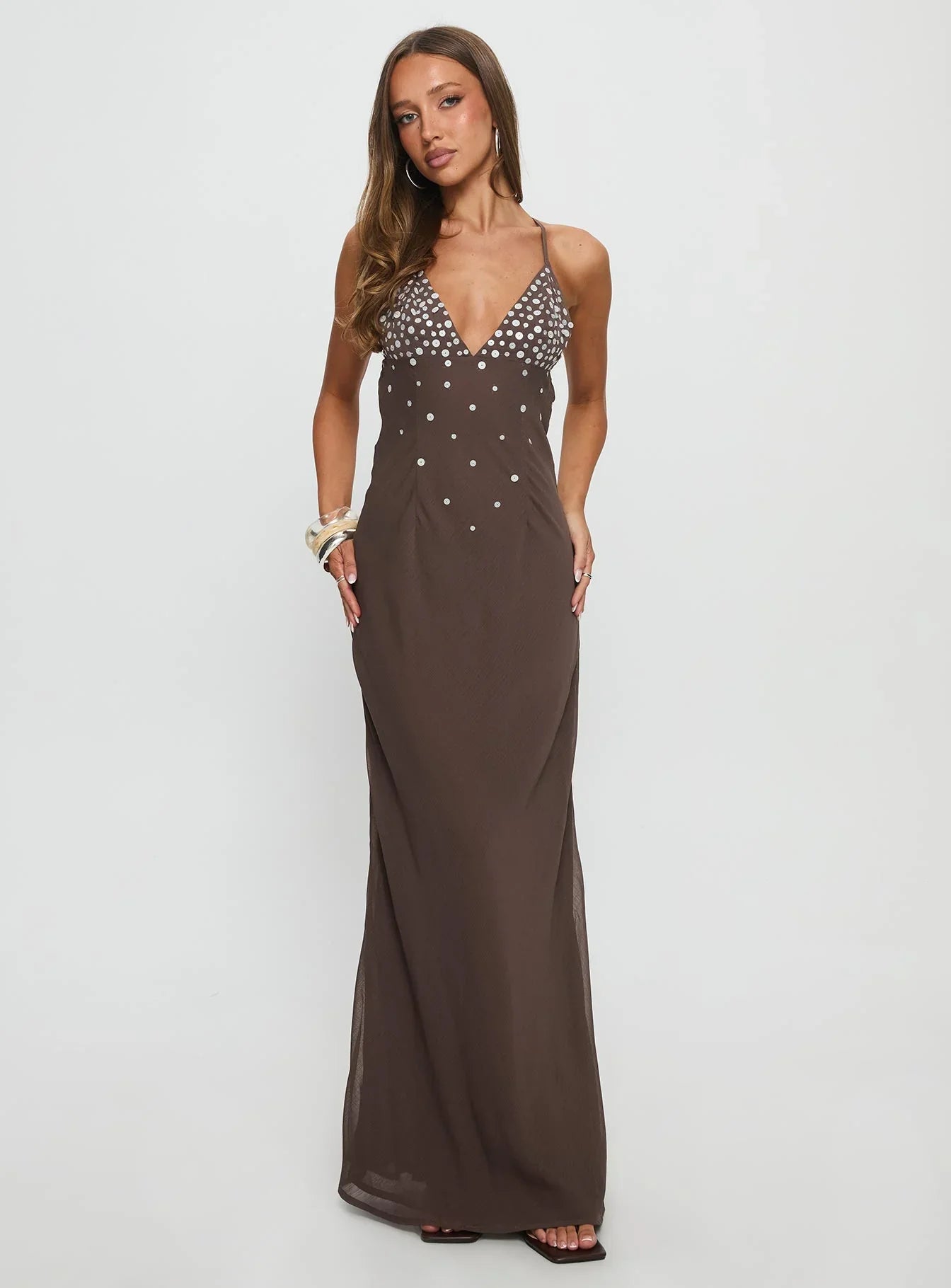 Brown Spaghetti Strap Prom Dress with Silver Sequin Detail and Criss Cross Back for Formal Events and Prom Nights