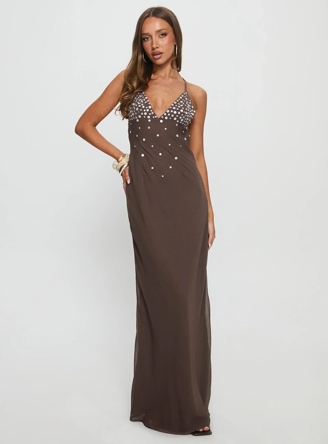 Brown Spaghetti Strap Prom Dress with Silver Sequin Detail and Criss Cross Back for Formal Events and Prom Nights