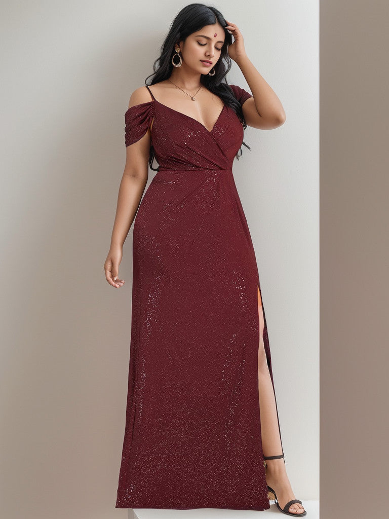 Plus Size V-Neck Cold Shoulder Floor-Length Evening Dress