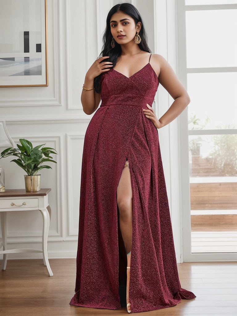Plus Size Spaghetti Strap Shiny Formal Evening Dress for Wedding