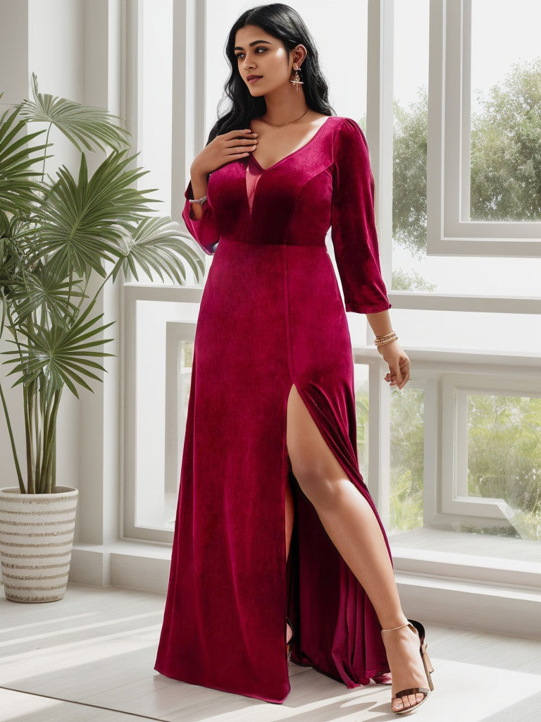 Plus Size Velvet Plunging V-Neck Front Slit 3/4 Sleeve Evening Dress
