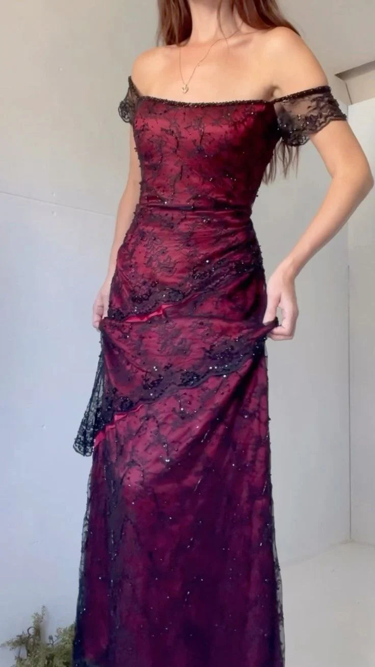 Burgundy Black Lace Off Shoulder Mermaid Floor Length Vintage Prom Dress