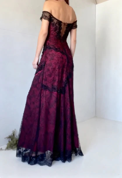 Burgundy Black Lace Off Shoulder Mermaid Floor Length Vintage Prom Dress