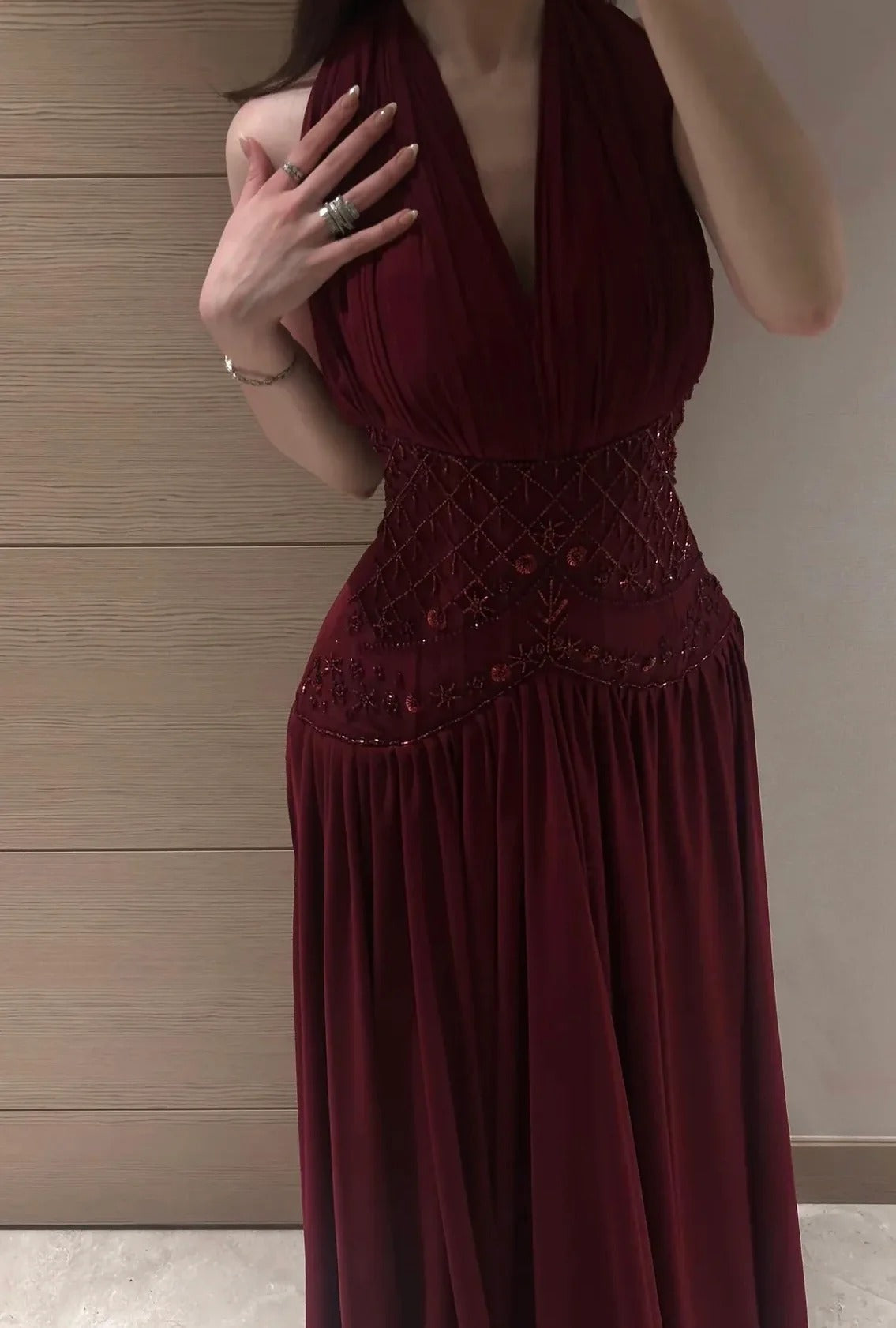 Burgundy Halter Neck Prom Dress With Beaded Waistband And Flowy Chiffon Skirt Formal Prom Dress