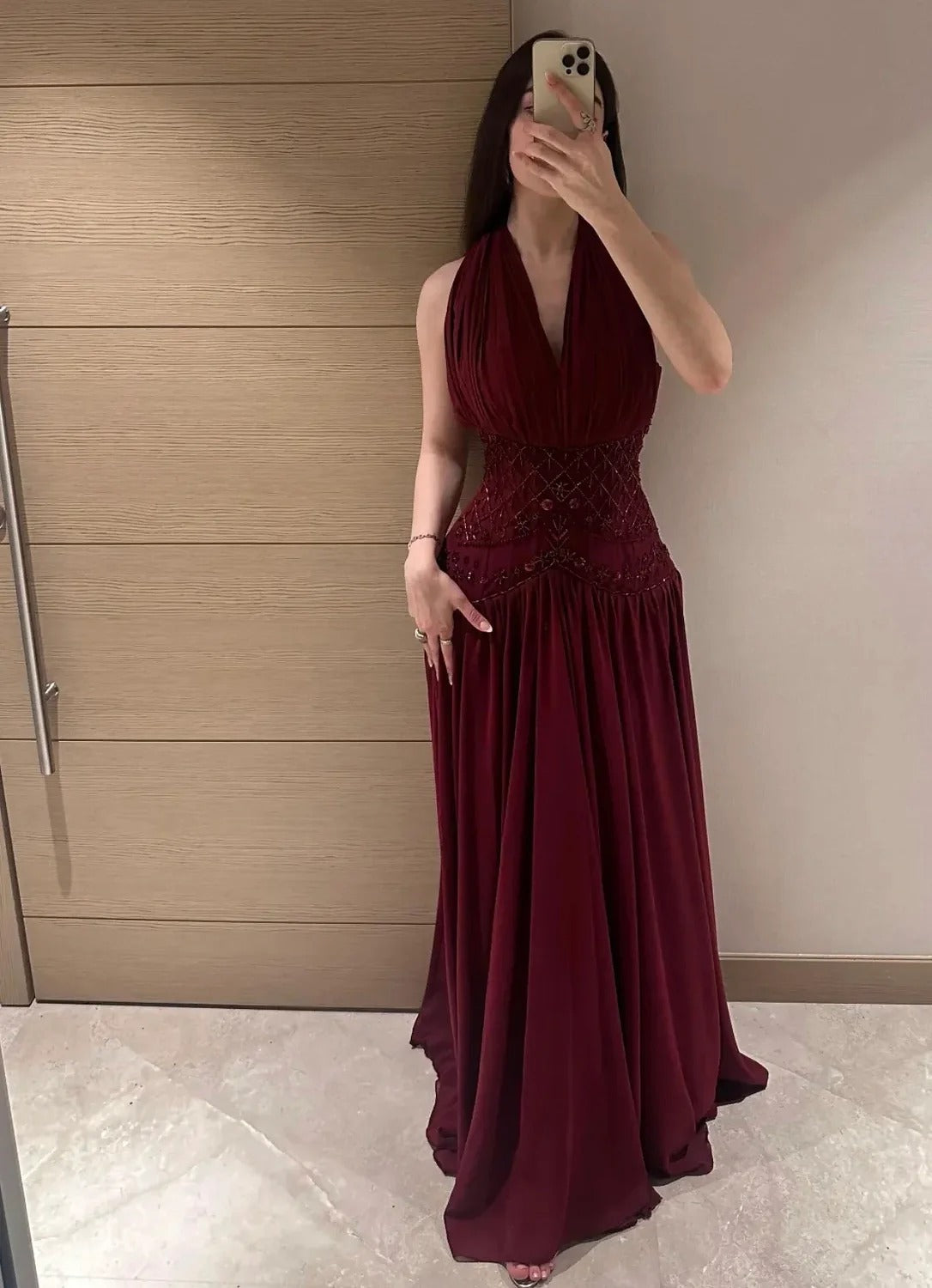 Burgundy Halter Neck Prom Dress With Beaded Waistband And Flowy Chiffon Skirt Formal Prom Dress