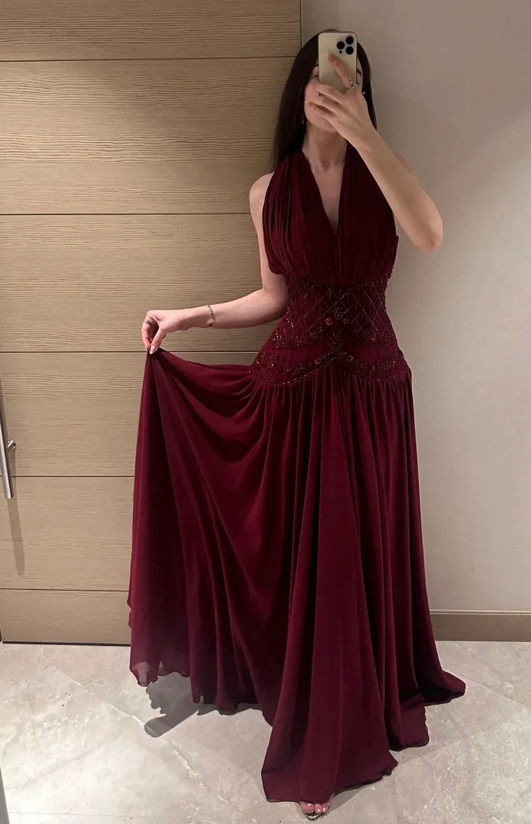 Burgundy Halter Neck Prom Dress With Beaded Waistband And Flowy Chiffon Skirt Formal Prom Dress