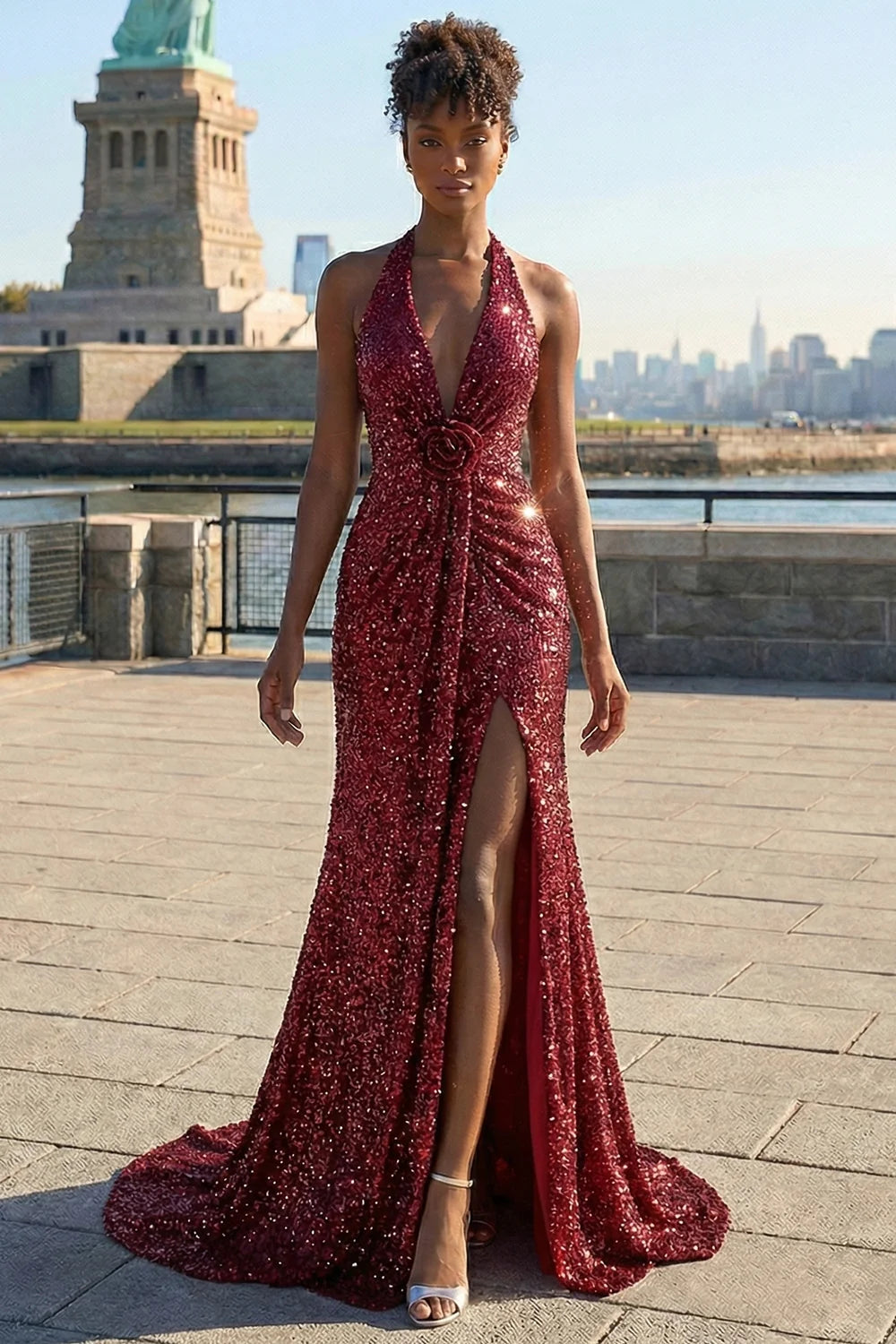 Burgundy Halter Prom Dress With Sequin Fabric And 3D Floral Detail Mermaid Formal Prom Dress