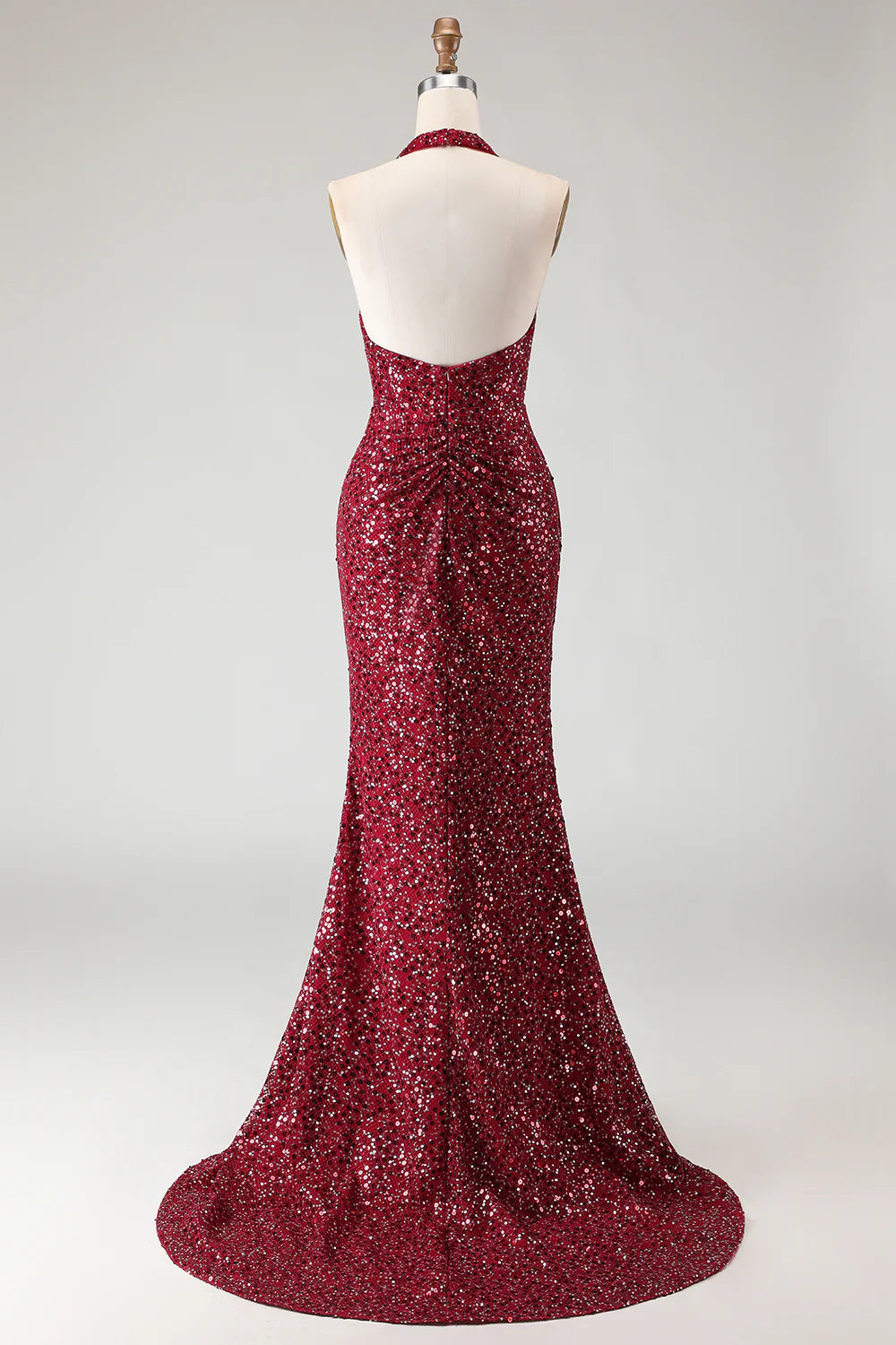 Burgundy Halter Prom Dress With Sequin Fabric And 3D Floral Detail Mermaid Formal Prom Dress