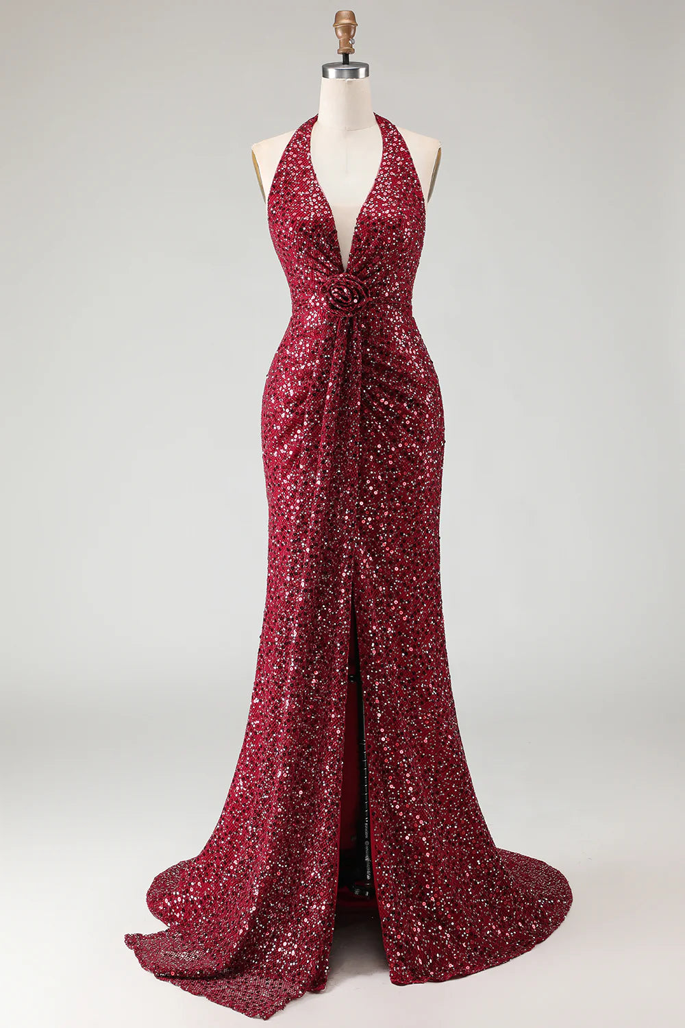 Burgundy Halter Prom Dress With Sequin Fabric And 3D Floral Detail Mermaid Formal Prom Dress