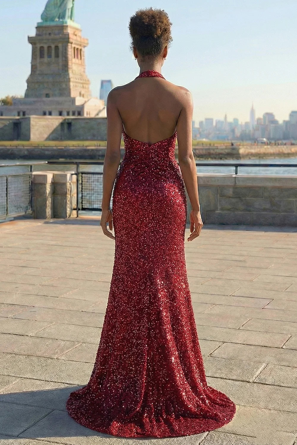 Burgundy Halter Prom Dress With Sequin Fabric And 3D Floral Detail Mermaid Formal Prom Dress