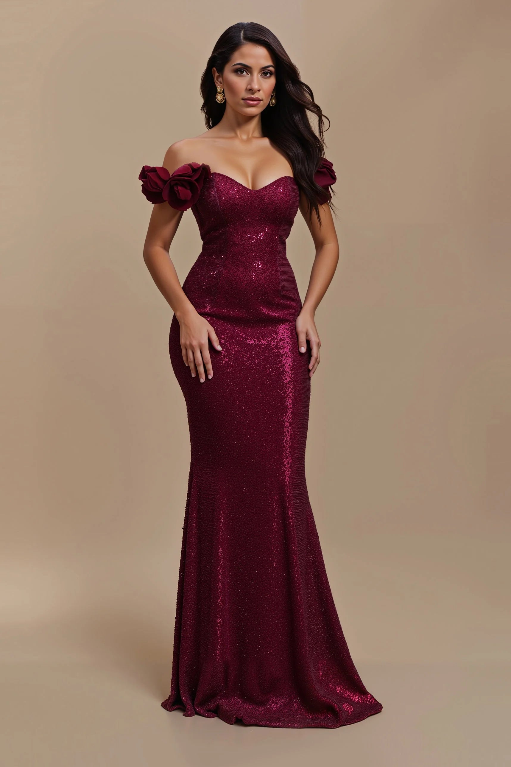 Burgundy Off The Shoulder Prom Dress With Floral Ruffle Detail And Sequin Embellished Mermaid Silhouette For Formal Evening Party