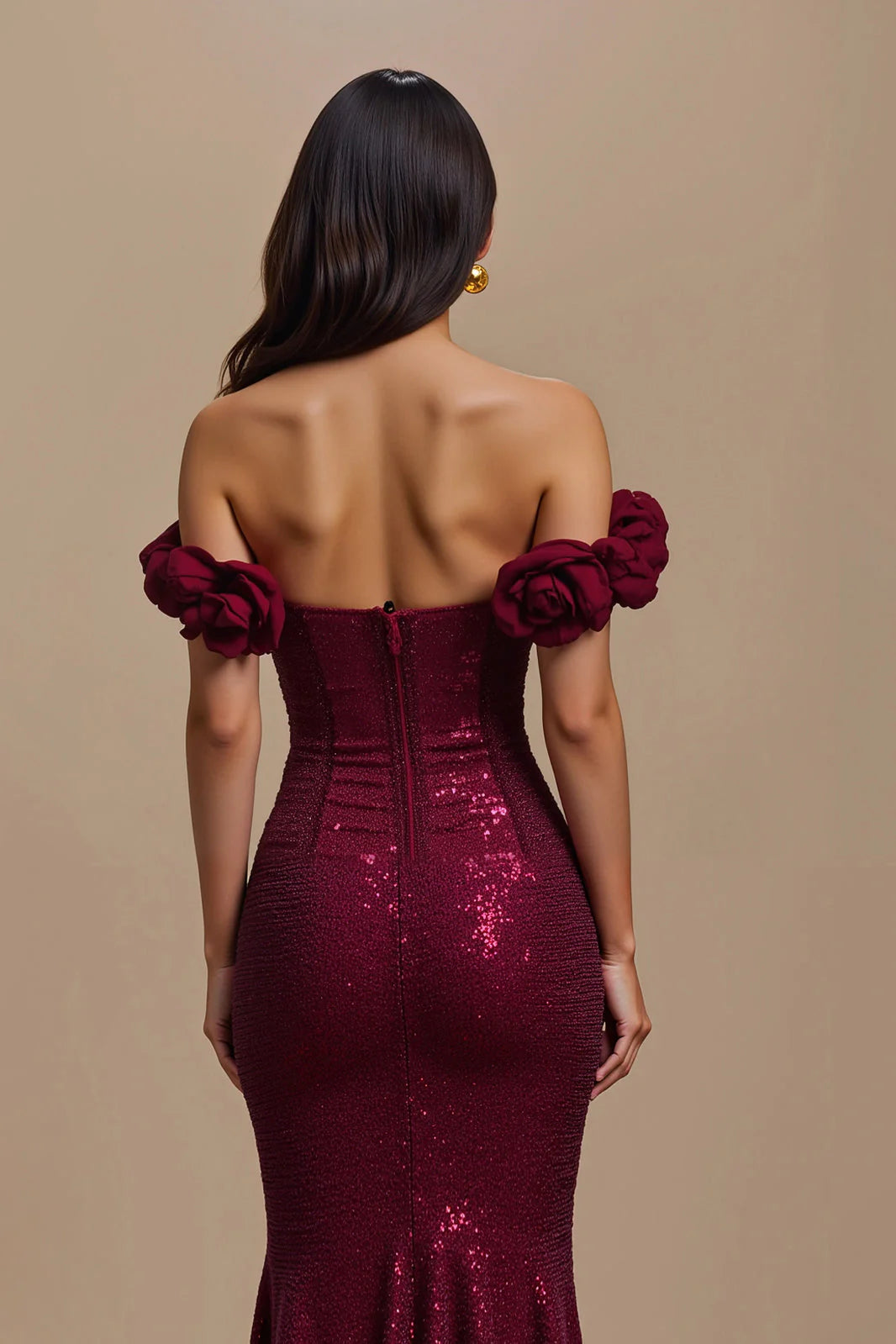 Burgundy Off The Shoulder Prom Dress With Floral Ruffle Detail And Sequin Embellished Mermaid Silhouette For Formal Evening Party