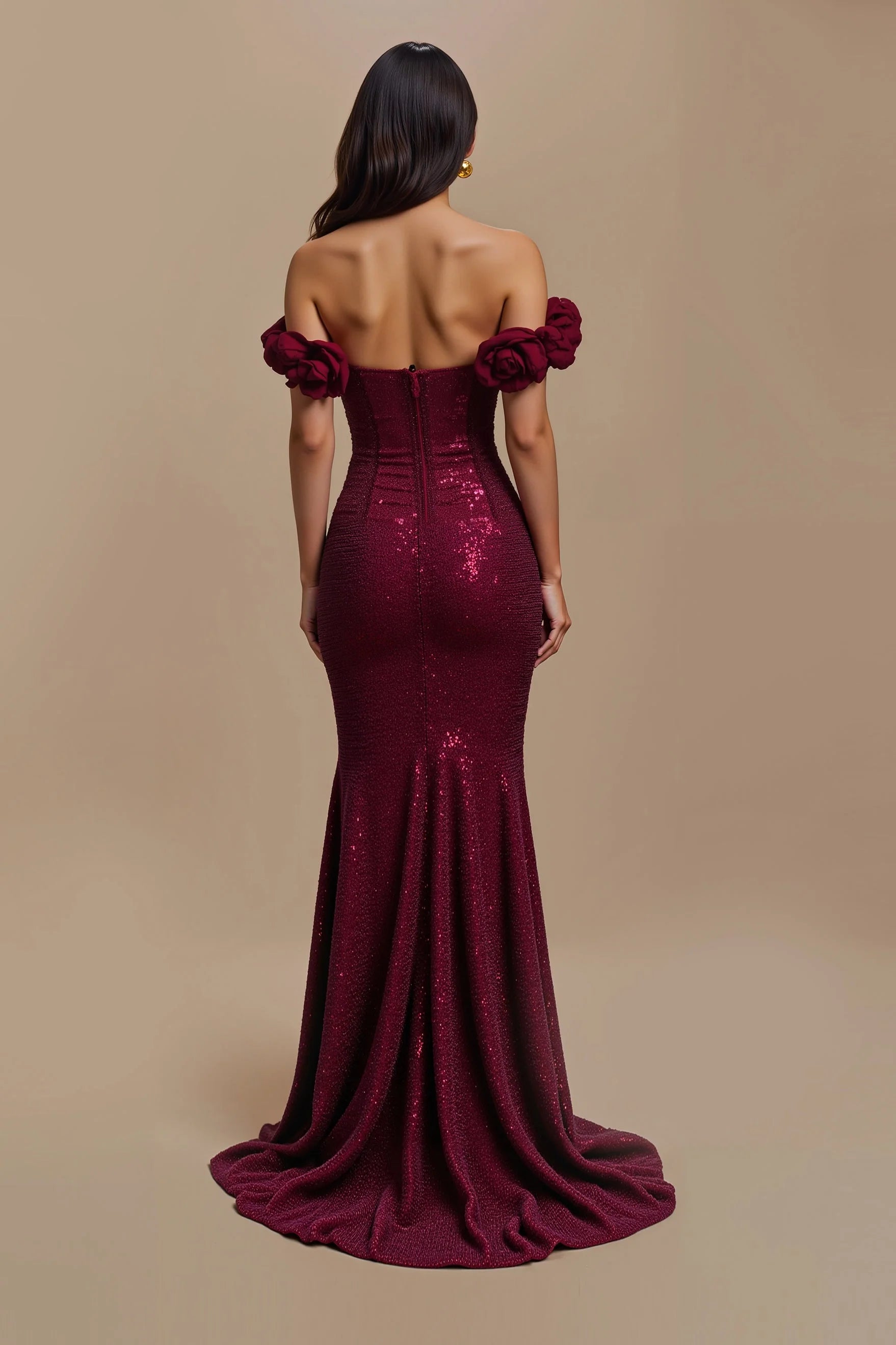 Burgundy Off The Shoulder Prom Dress With Floral Ruffle Detail And Sequin Embellished Mermaid Silhouette For Formal Evening Party