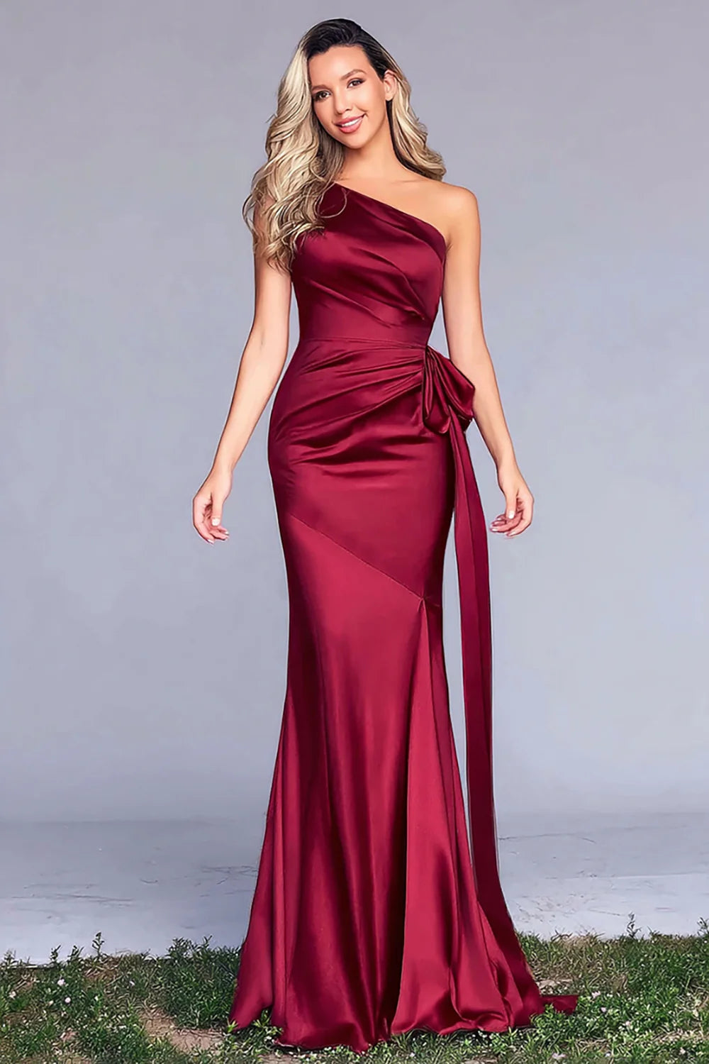 Burgundy One Shoulder Prom Dress With Bow Detail And Satin Mermaid Silhouette For Formal Evening Party