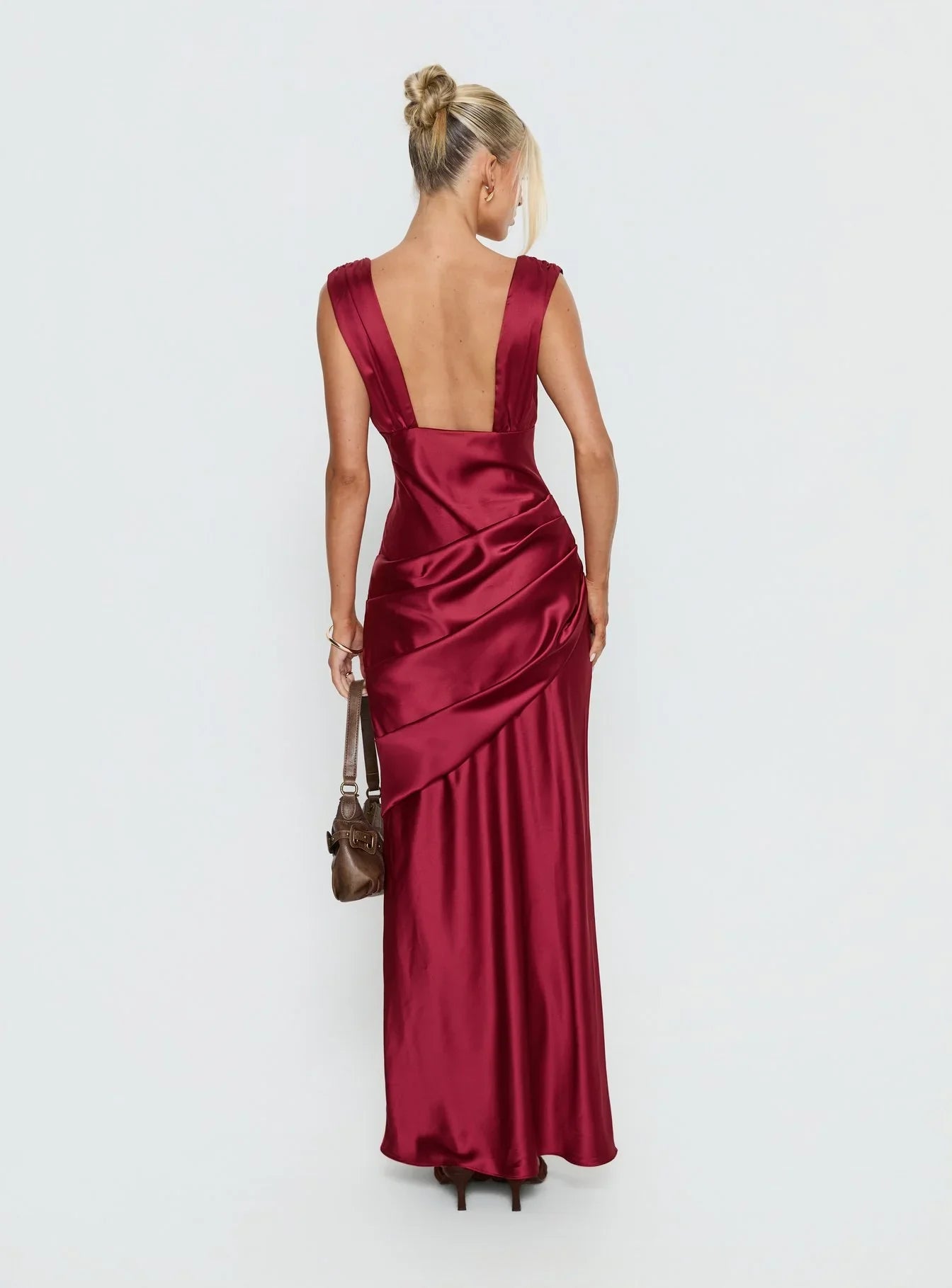 Burgundy Sleeveless Prom Dress with Deep V Neckline Ruched Waist and Low Back for Formal Events and Prom Nights
