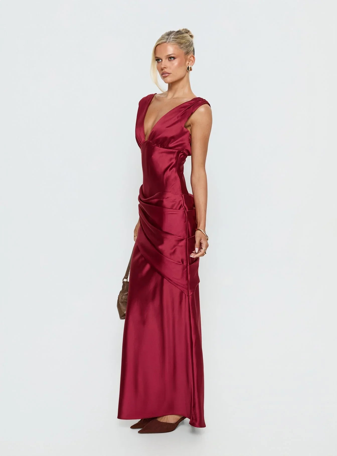 Burgundy Sleeveless Prom Dress with Deep V Neckline Ruched Waist and Low Back for Formal Events and Prom Nights