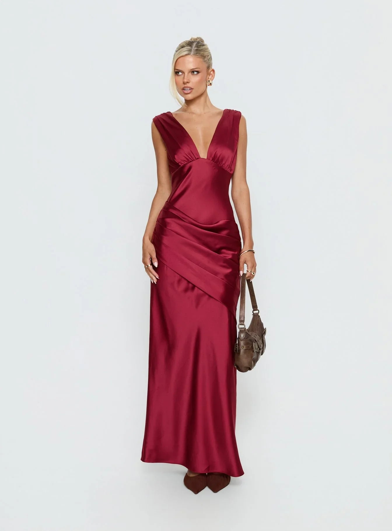 Burgundy Sleeveless Prom Dress with Deep V Neckline Ruched Waist and Low Back for Formal Events and Prom Nights