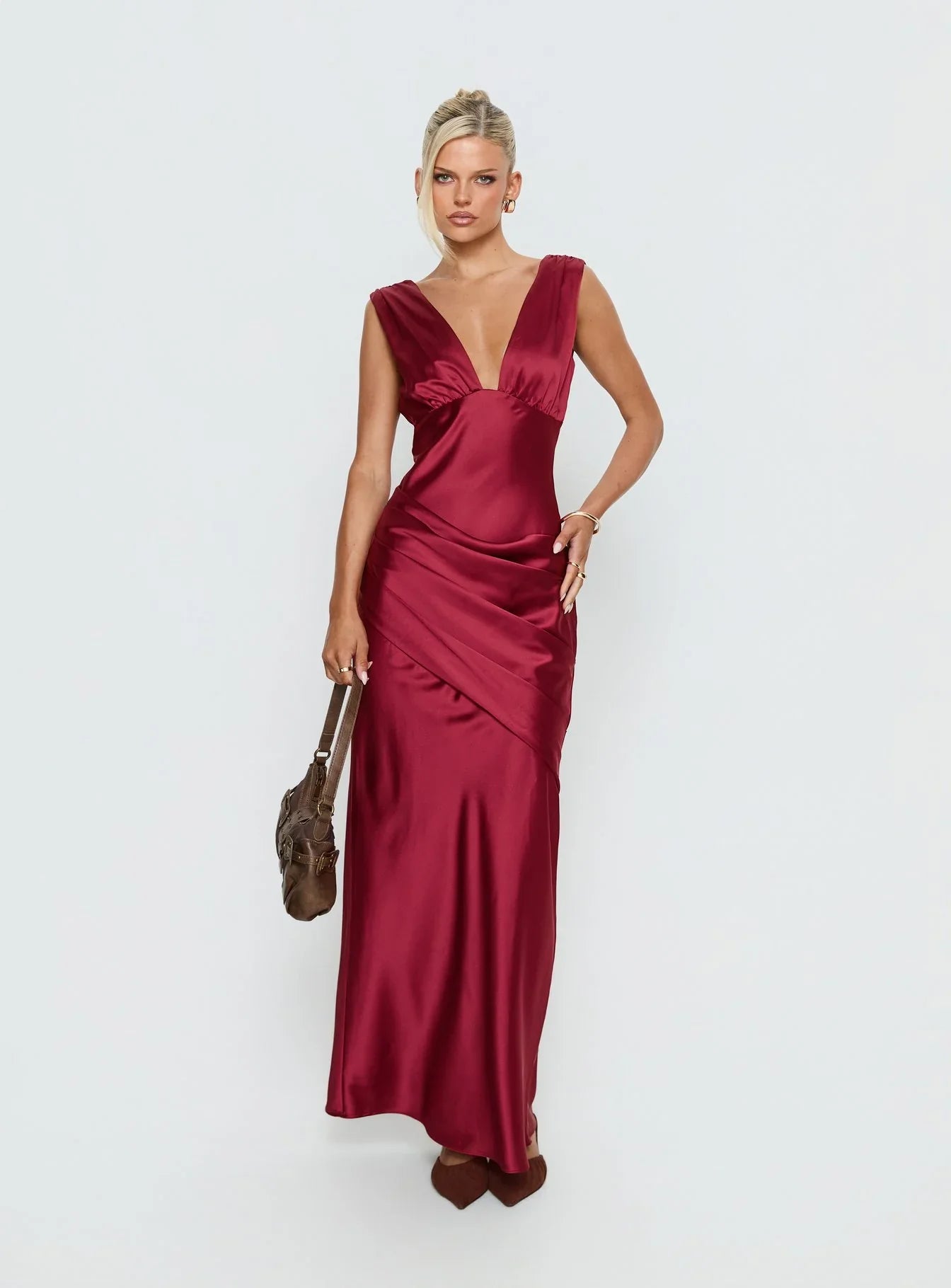 Burgundy Sleeveless Prom Dress with Deep V Neckline Ruched Waist and Low Back for Formal Events and Prom Nights