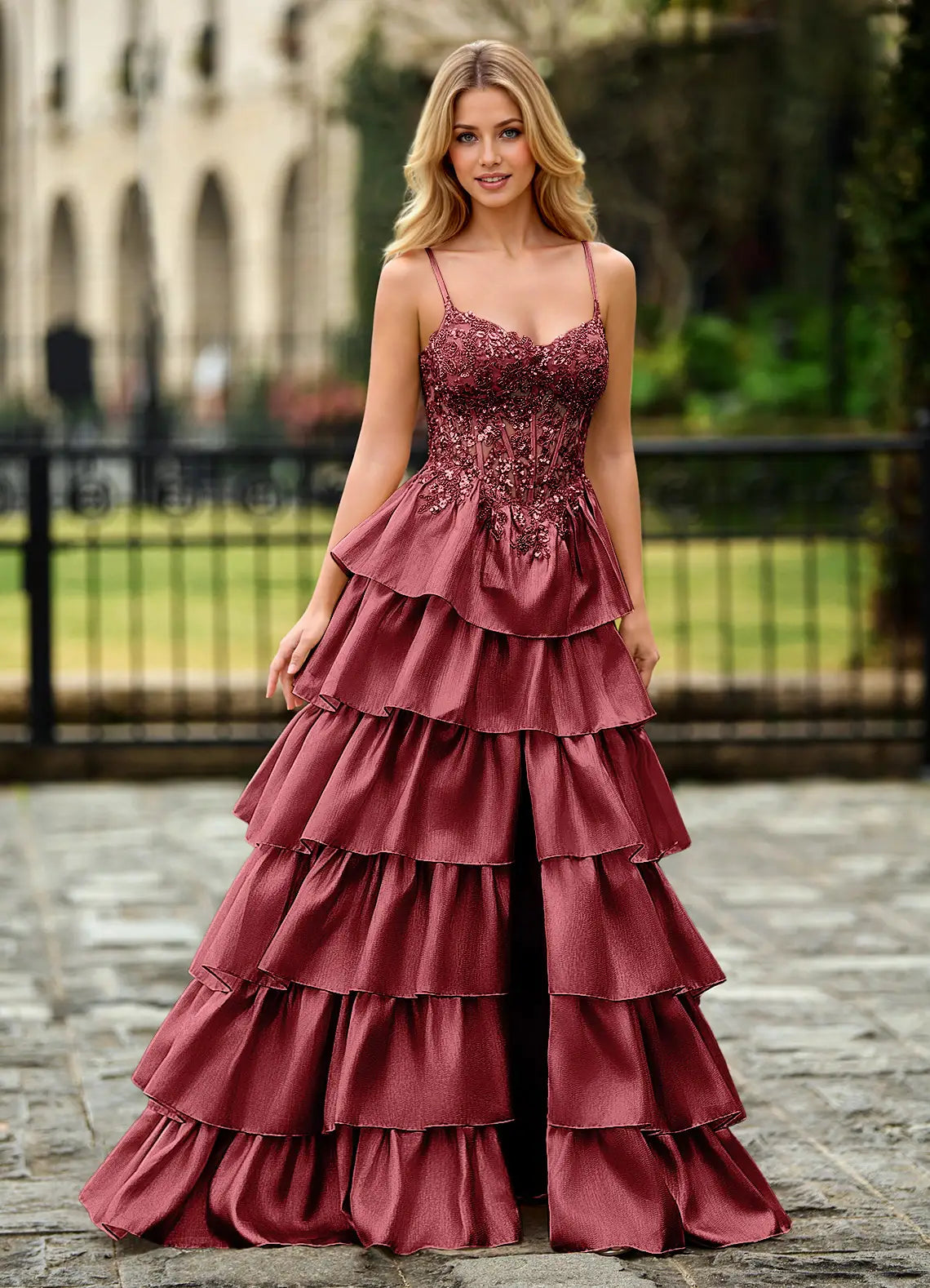 Burgundy Spaghetti Strap Prom Dress With Sweetheart Neck Beaded Corset Lace Up Back Tiered Ruffle High Slit And Satin A Line Formal Prom Dress