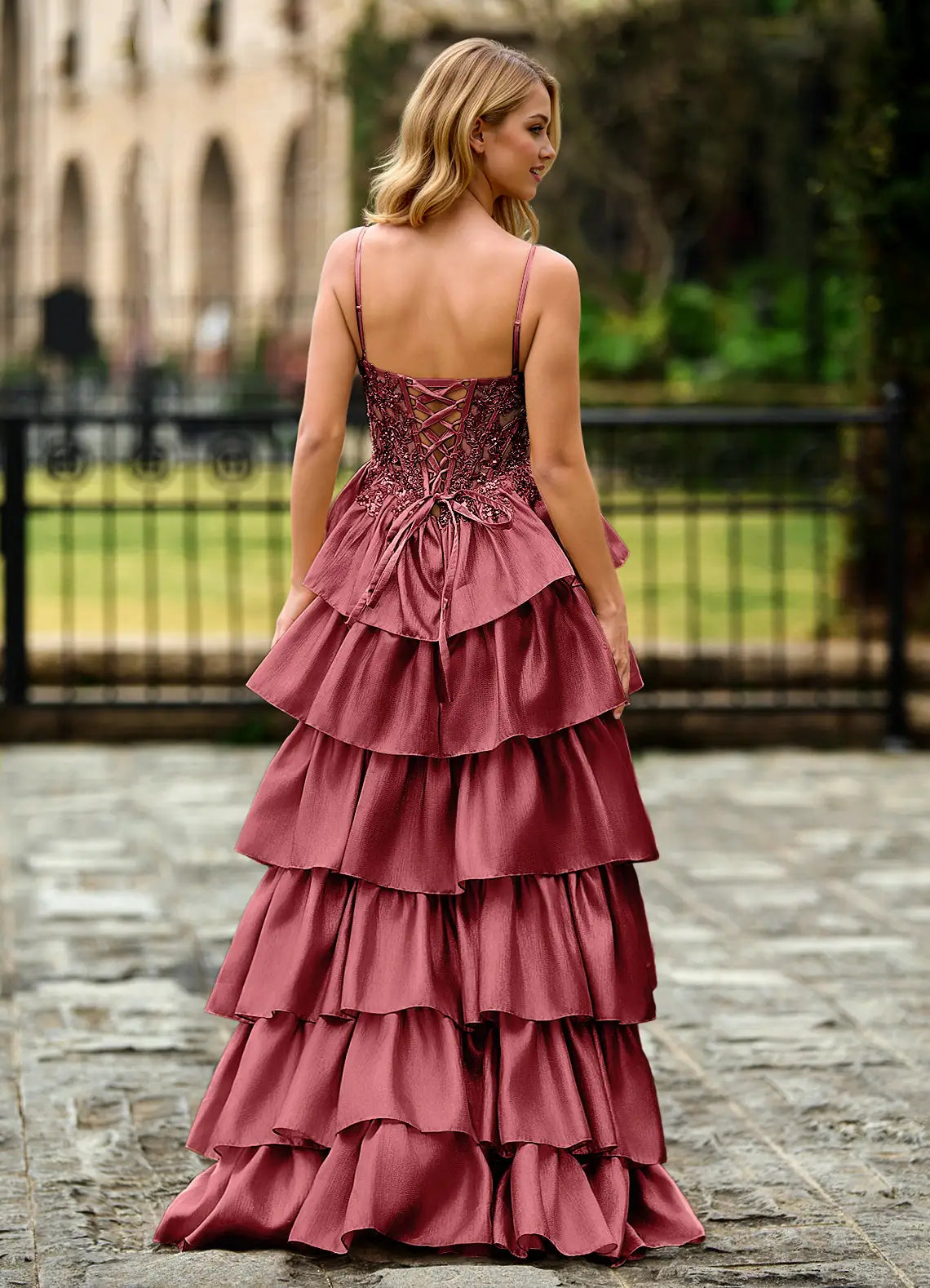 Burgundy Spaghetti Strap Prom Dress With Sweetheart Neck Beaded Corset Lace Up Back Tiered Ruffle High Slit And Satin A Line Formal Prom Dress