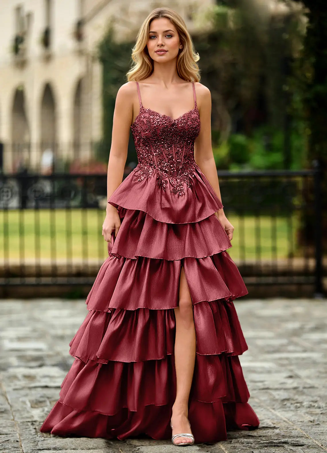 Burgundy Spaghetti Strap Prom Dress With Sweetheart Neck Beaded Corset Lace Up Back Tiered Ruffle High Slit And Satin A Line Formal Prom Dress