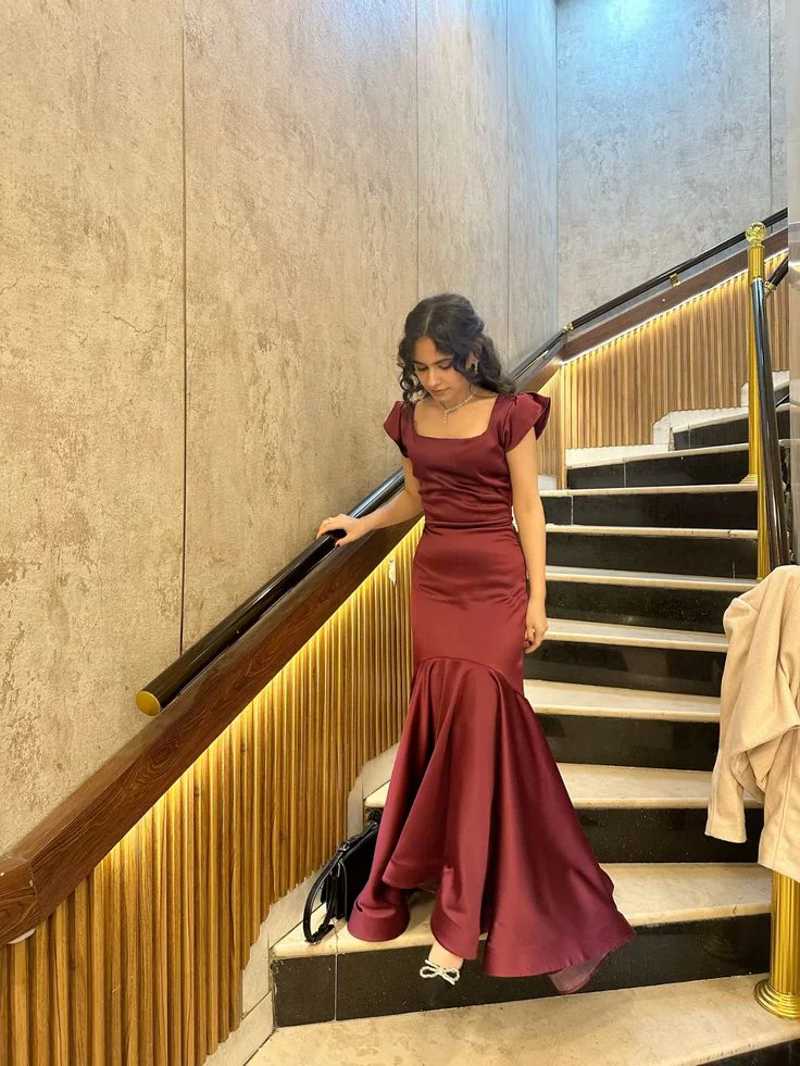 Burgundy Square Neck Mermaid Prom Dress With Cap Sleeves Formal Prom Dress