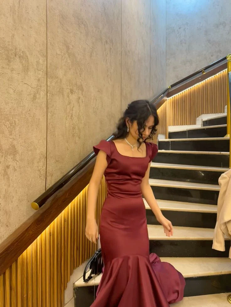 Burgundy Square Neck Mermaid Prom Dress With Cap Sleeves Formal Prom Dress