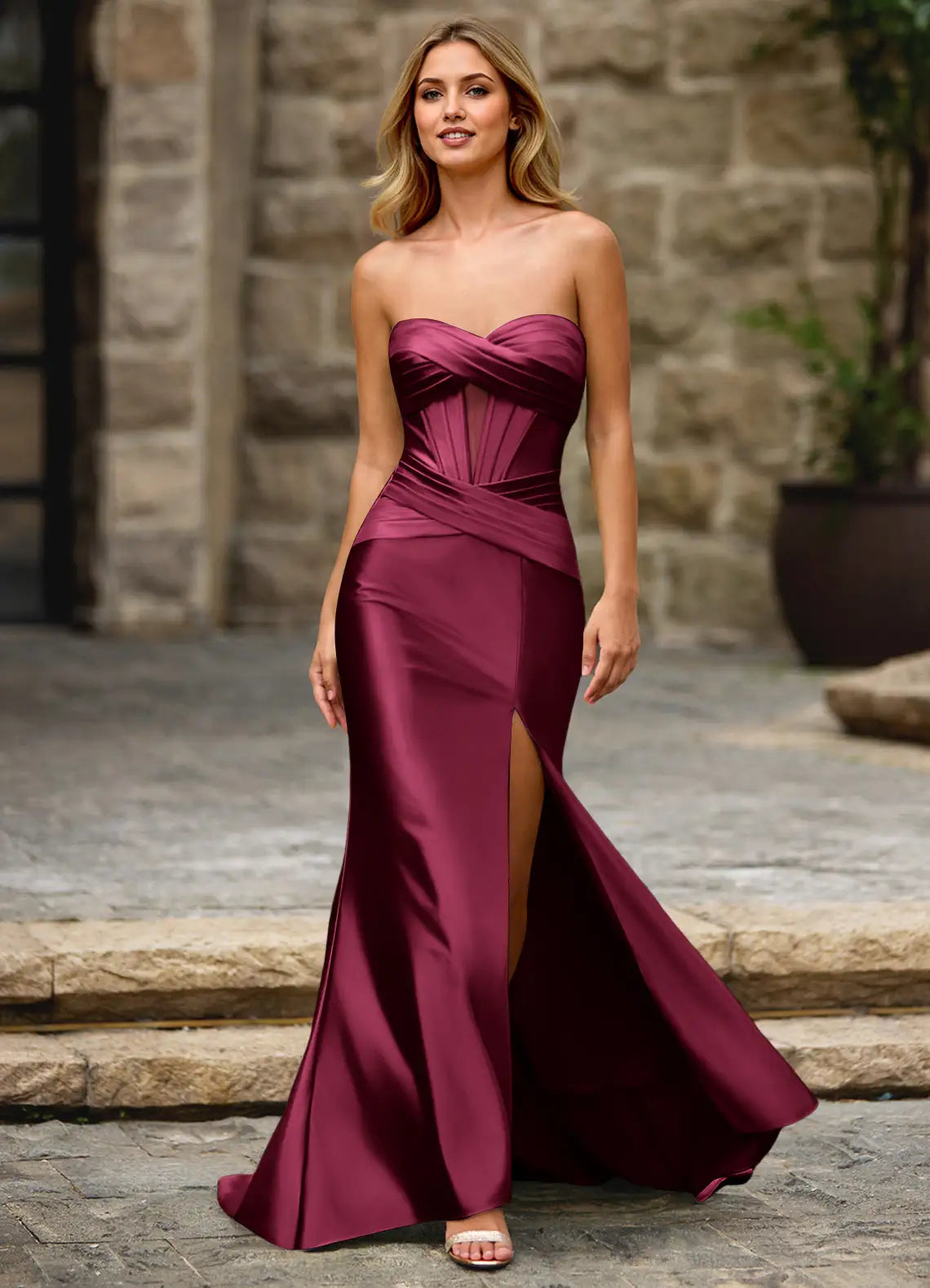 Burgundy Strapless Prom Dress With Sweetheart Neck Corset Bodice High Slit And Satin Mermaid Formal Prom Dress