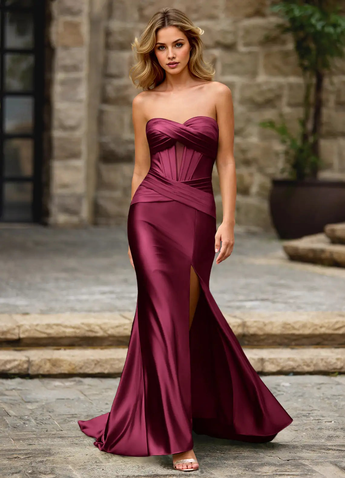 Burgundy Strapless Prom Dress With Sweetheart Neck Corset Bodice High Slit And Satin Mermaid Formal Prom Dress