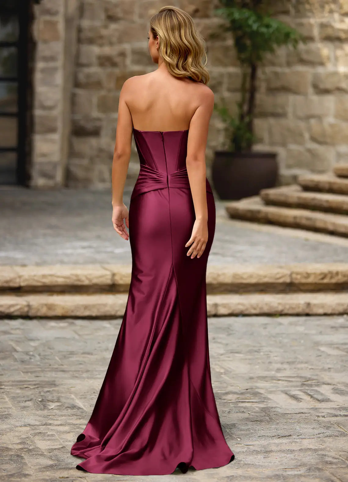 Burgundy Strapless Prom Dress With Sweetheart Neck Corset Bodice High Slit And Satin Mermaid Formal Prom Dress