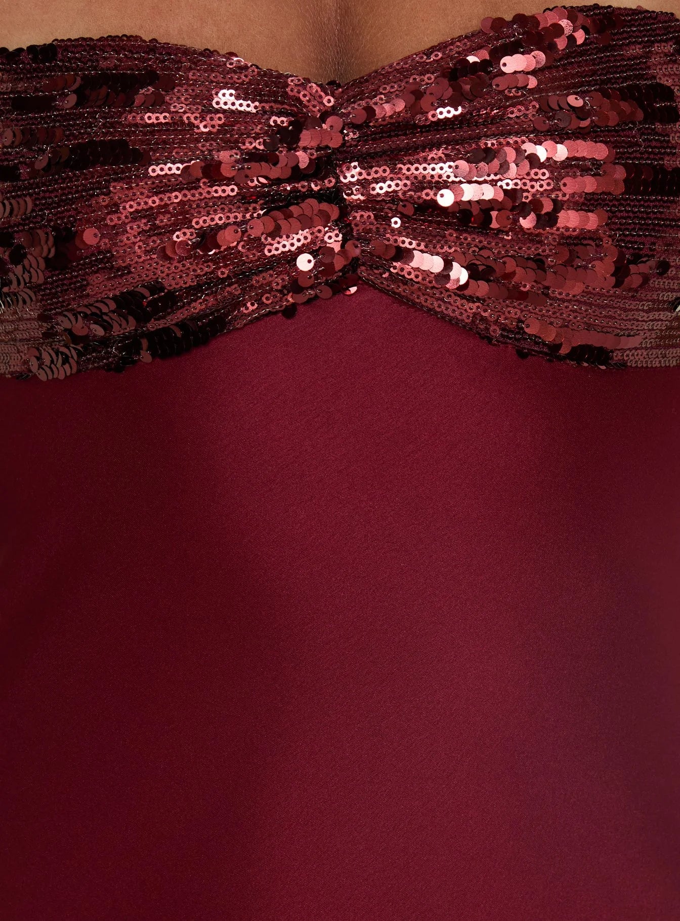 Burgundy Strapless Prom Dress with Sequin Bust and Satin Skirt for Formal Events and Prom Nights