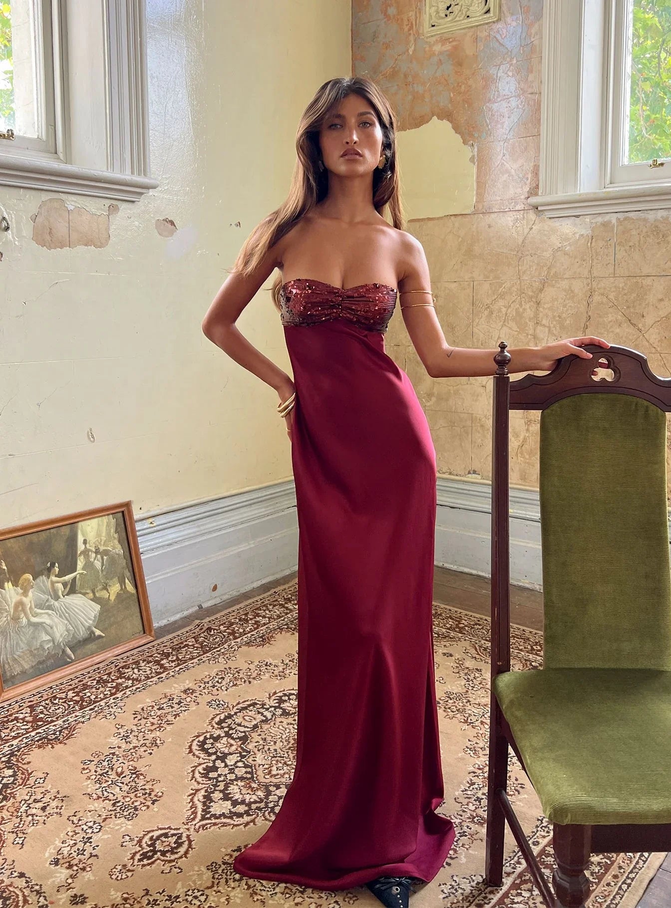 Burgundy Strapless Prom Dress with Sequin Bust and Satin Skirt for Formal Events and Prom Nights