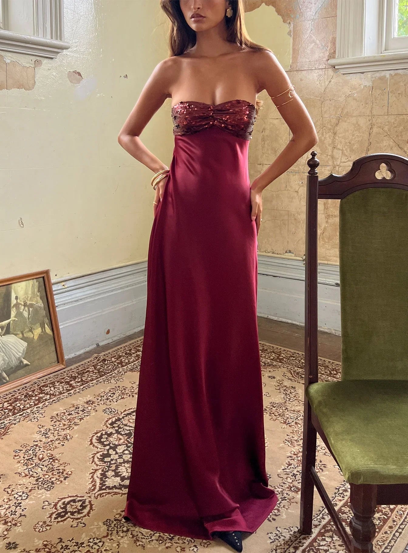 Burgundy Strapless Prom Dress with Sequin Bust and Satin Skirt for Formal Events and Prom Nights