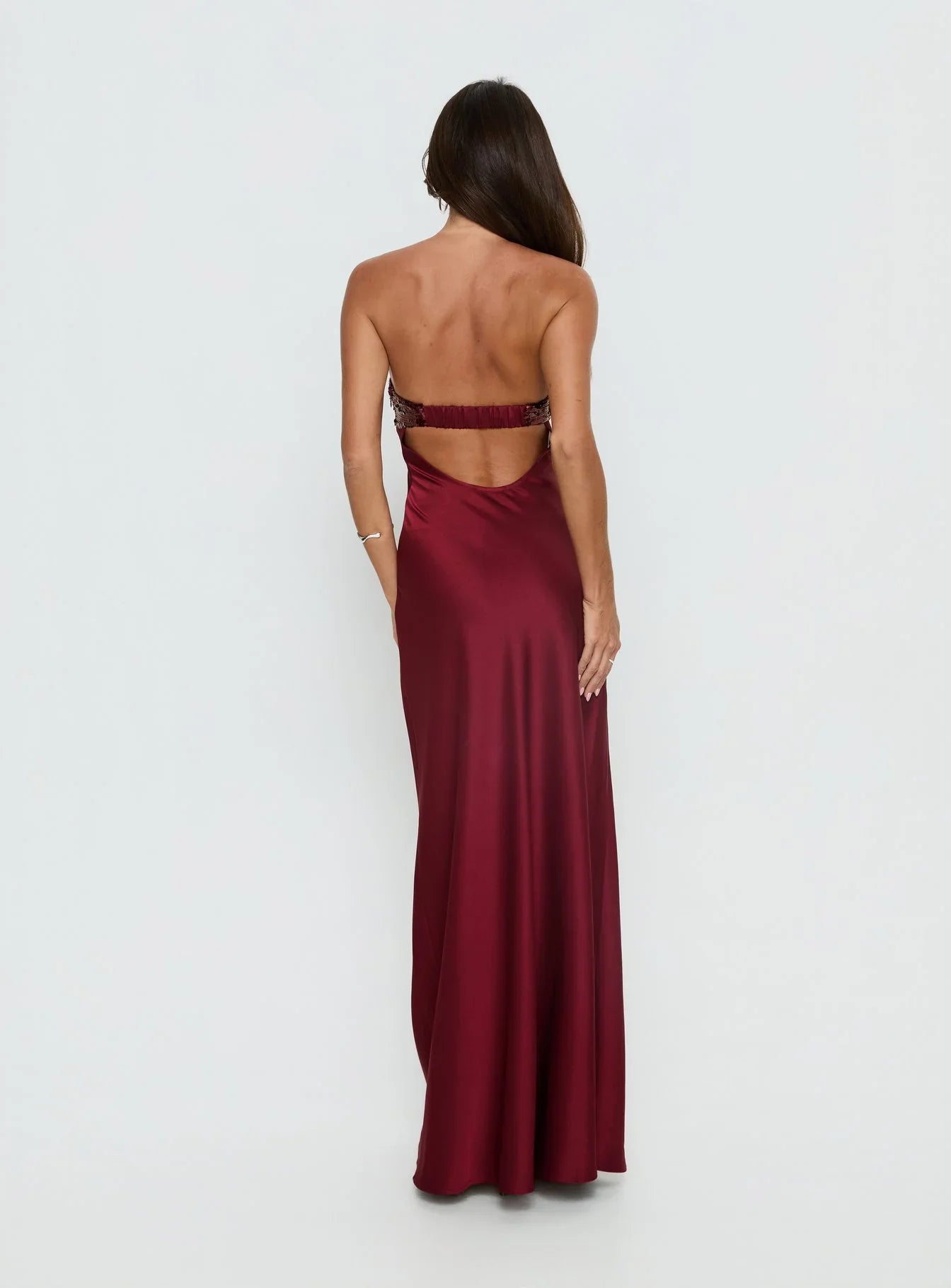 Burgundy Strapless Prom Dress with Sequin Bust and Satin Skirt for Formal Events and Prom Nights