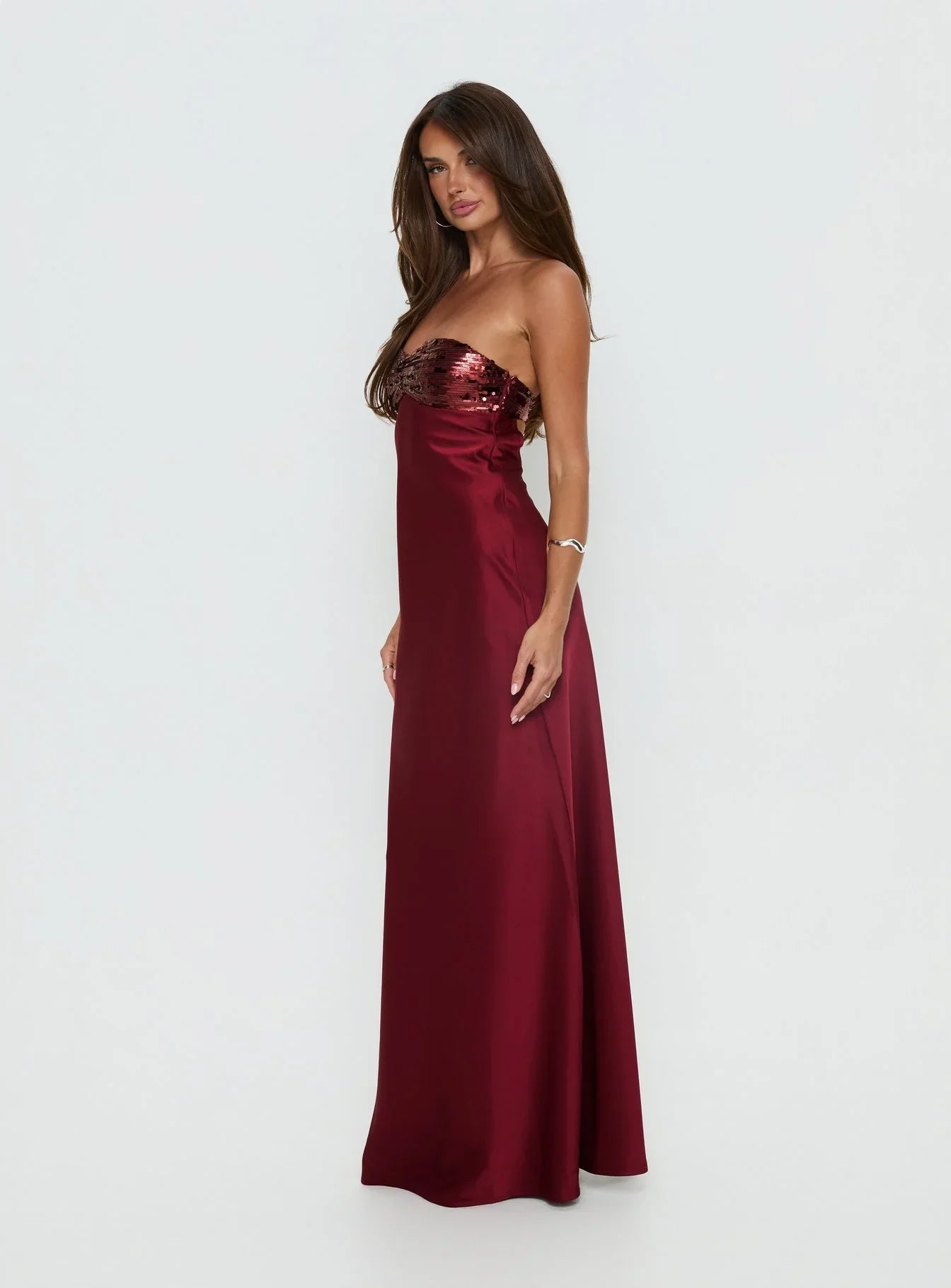 Burgundy Strapless Prom Dress with Sequin Bust and Satin Skirt for Formal Events and Prom Nights