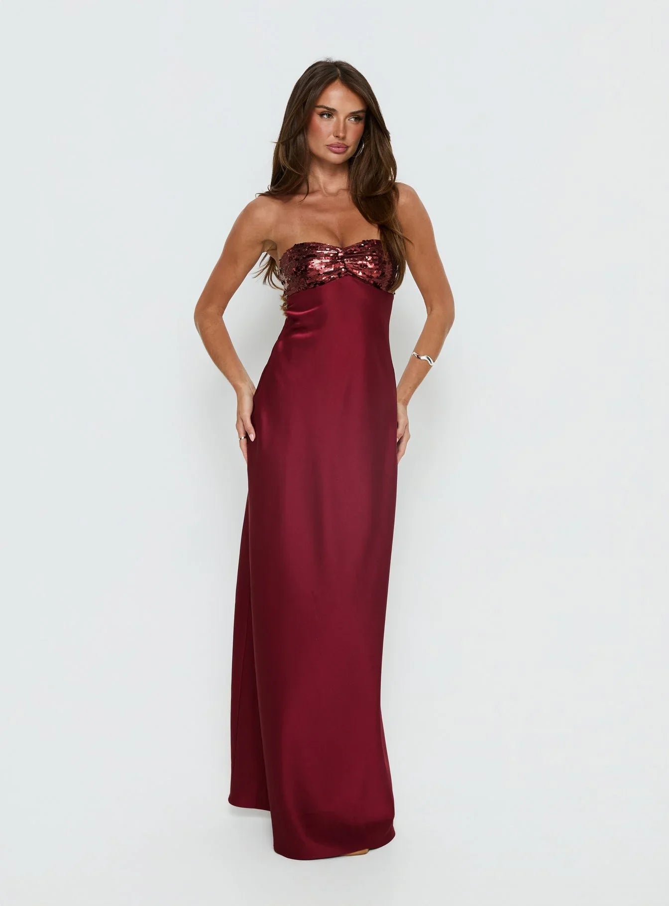 Burgundy Strapless Prom Dress with Sequin Bust and Satin Skirt for Formal Events and Prom Nights