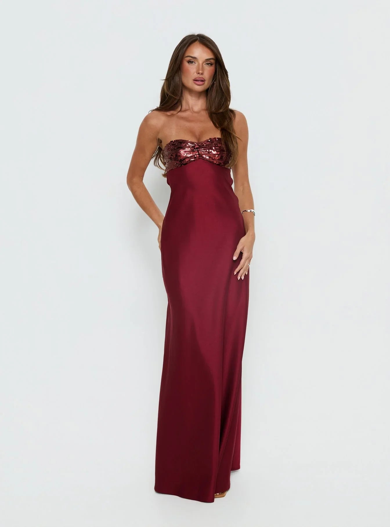 Burgundy Strapless Prom Dress with Sequin Bust and Satin Skirt for Formal Events and Prom Nights