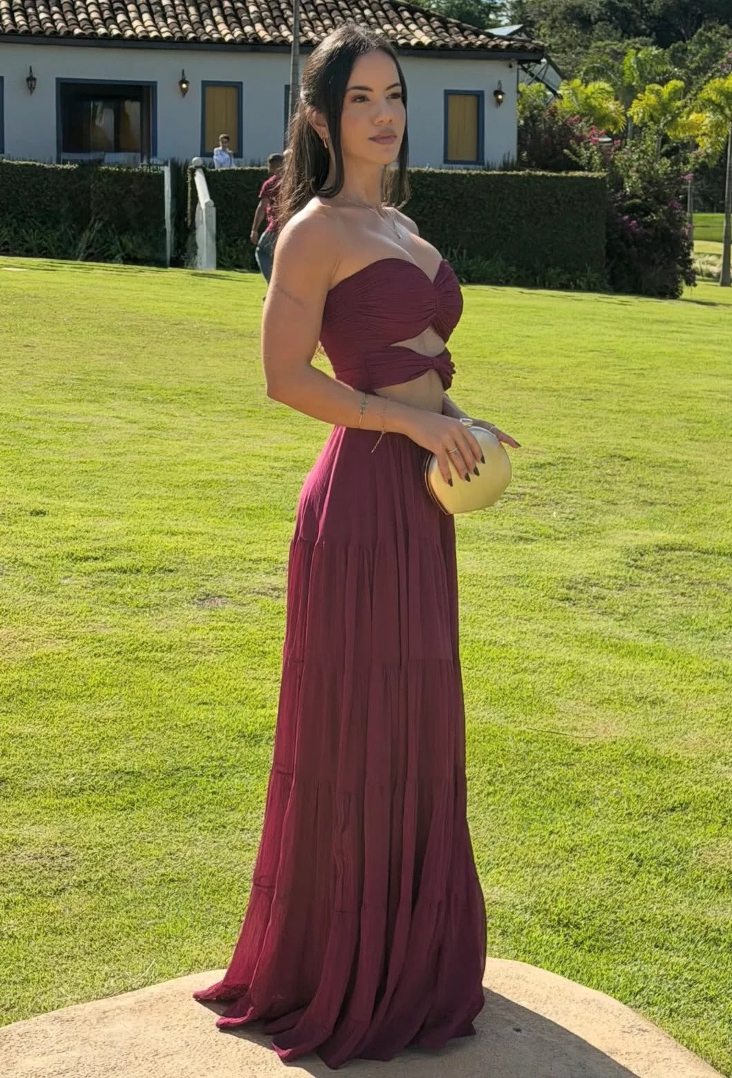 Burgundy Strapless Two Piece Tiered Prom Dress Formal Prom Dress