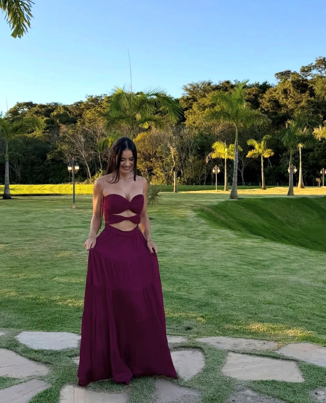 Burgundy Strapless Two Piece Tiered Prom Dress Formal Prom Dress