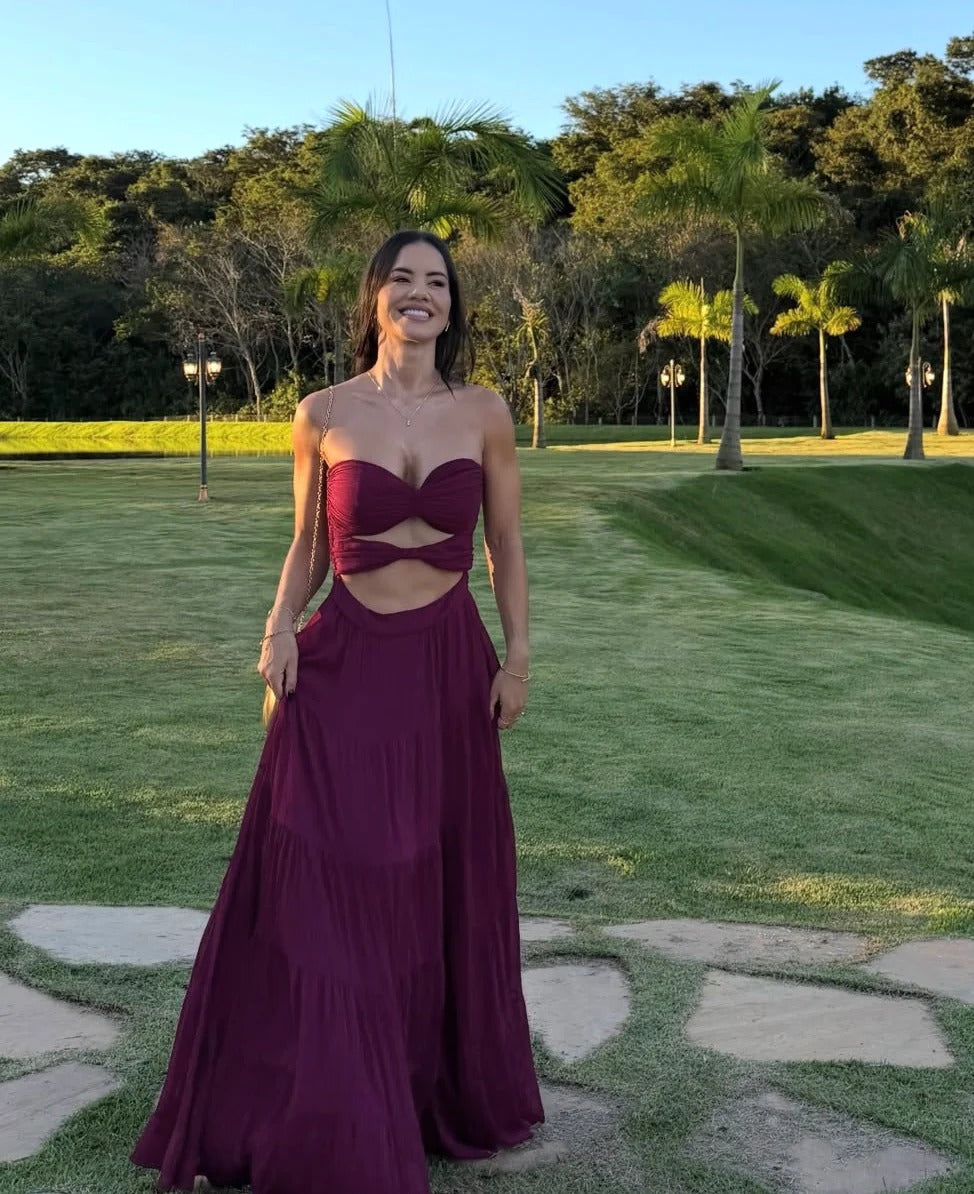 Burgundy Strapless Two Piece Tiered Prom Dress Formal Prom Dress
