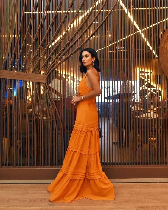 Burnt Orange Chiffon Spaghetti Strap Tiered Maxi Formal Prom Dress