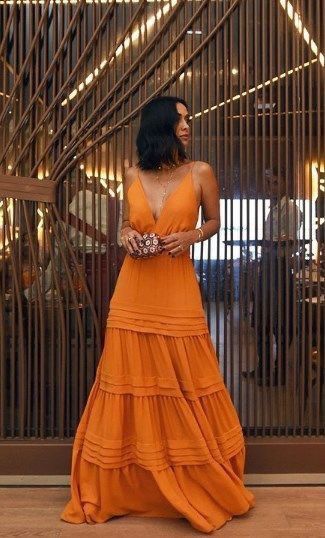 Burnt Orange Chiffon Spaghetti Strap Tiered Maxi Formal Prom Dress